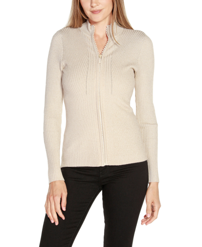 Belldini Black Label Plus Size Lurex Mock Neck Ribbed Zip Up Sweater In Champagne