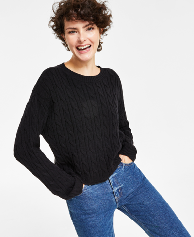 Calvin Klein Jeans Est.1978 Women's Lightweight Cable Knit Cropped Long Sleeve Crewneck Sweater In Black