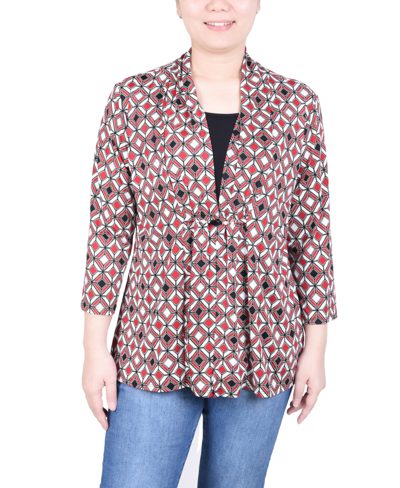 NY COLLECTION PETITE PUFF PRINT 3/4 SLEEVE TWO-FER TOP