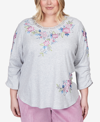 ALFRED DUNNER PLUS SIZE SWISS CHALET FLORAL YOKE EMBROIDERED DOUBLE STRAP TOP