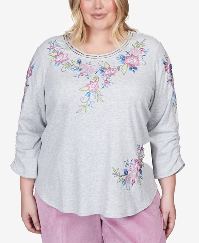 Alfred Dunner Plus Size Swiss Chalet Floral Yoke Embroidered Double Strap Top In Gray