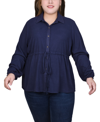 Ny Collection Plus Size Long Dolman Sleeve Drawstring-waist Tunic Top In Dark Denim