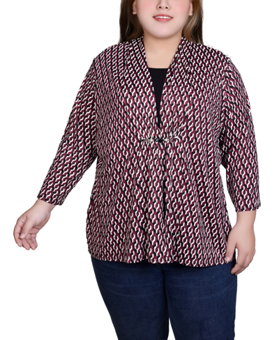 Ny Collection Plus Size Puff Print 3/4 Sleeve 2-fer Top In Maroon Black Geo
