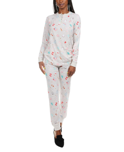 Memoi Women's Holiday Getaway Cotton Blend 2 Piece Pajama Set In Oatmeal Heather