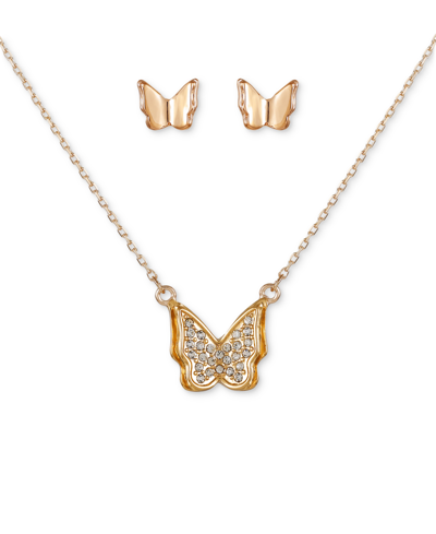 Guess Crystal Butterfly Pendant Necklace & Stud Earrings Gift Set In Gold,crystal