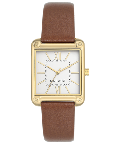 Nine West Women's Gold-tone And Brown Faux Leather Strap Watch 29mm