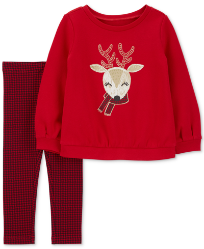 Carter's Babies' Toddler Girls Reindeer Fleece Top And Leggings, 2 Piece Set In Red