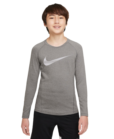 Nike Kids' Boys Pro Warm Standard-fit Logo-print Long-sleeve T-shirt In Carbon Heather,white