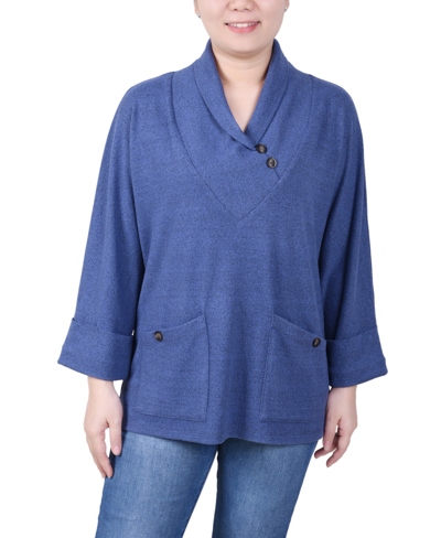 Ny Collection Petite Cuff Sleeve Shawl Collar Top In Blue