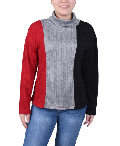 Ny Collection Petite Long Sleeve Colorblocked Top In Black Charcoal Red
