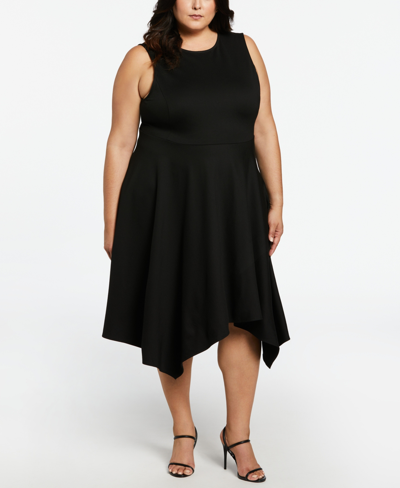 Ella Rafaella Plus Size Draped Skirt Sleeveless Ponte Dress In Black