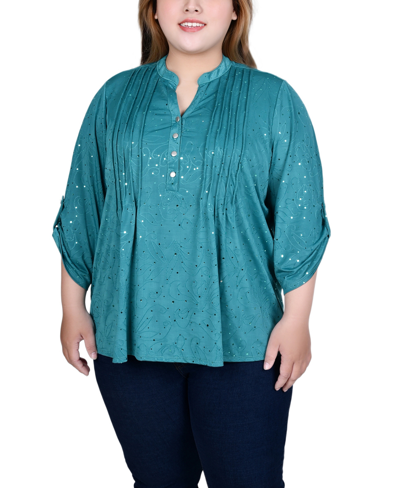 Ny Collection Plus Size 3/4 Sleeve Roll Tab Y Neck Top In Emerald