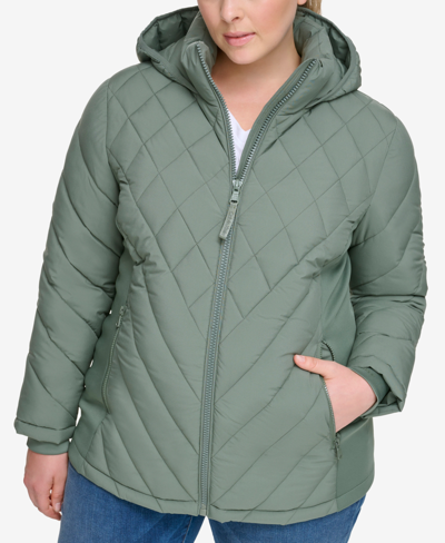 Calvin Klein Plus Size Hooded Packable Puffer Coat, Created For Macy's In Mosswood