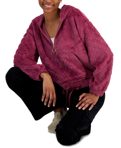 Crave Fame Juniors' Cozy Faux-fur Quarter-zip Long-sleeve Hoodie In Red Violet