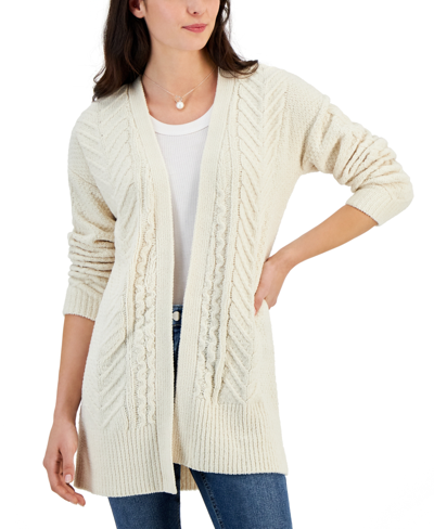 Planet Heart Juniors' Mixed-stitch Open-front Chenille Cardigan In Whitecap Gray
