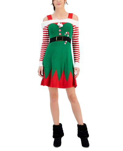 Planet Heart Plant Heart Juniors' Elf Cold-shoulder Sweater Dress In Jolly Green Combo