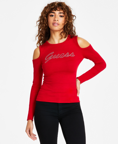 Guess Women's Cold-shoulder Long-sleeve Logo Sweater In Chili Red