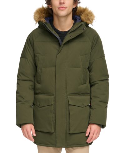 Tommy Hilfiger Men's Long Quilted Parka With Removable Faux-fur Trim In Olive