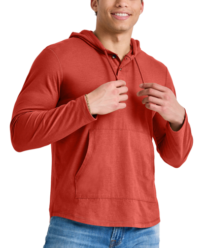 Alternative Apparel Men's Hanes Originals Cotton Henley Hooded Sweatshirt In Red River Clay