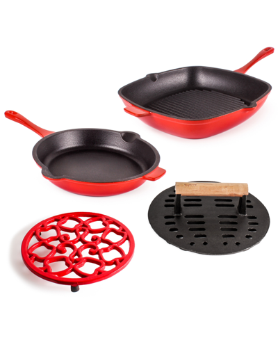 Berghoff Neo Cast Iron 4 Piece Fry, Grill, Press, And Trivet Set In Red