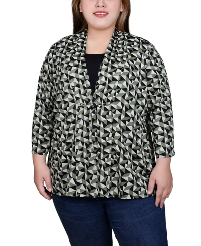 Ny Collection Plus Size Puff Print 3/4 Sleeve 2-fer Top In Sage Pyramid