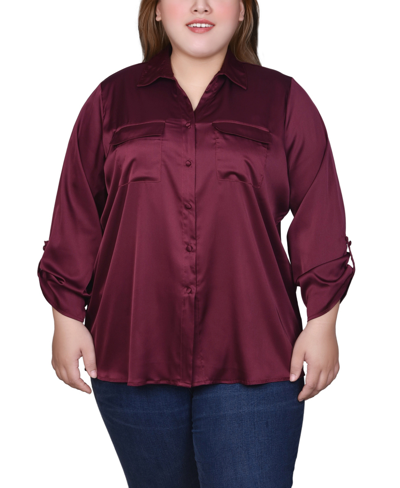 Ny Collection Plus Size 3/4 Sleeve Roll Tab Satin Blouse In Burgundy