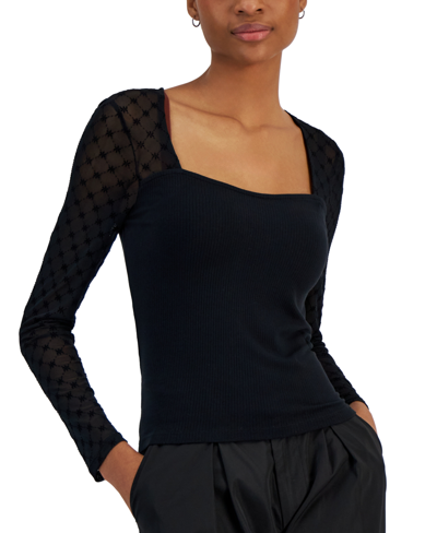Crave Fame Juniors' Flocked Illusion Mesh-sleeve Top In Black