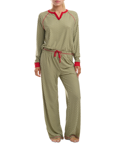 Splendid Women's 2-pc. Printed Drawstring Pajamas Set In Green Holiday Geo