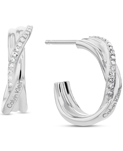 Calvin Klein Stainless Steel Small Pave Crossover C-hoop Earrings, 0.6" In Silver