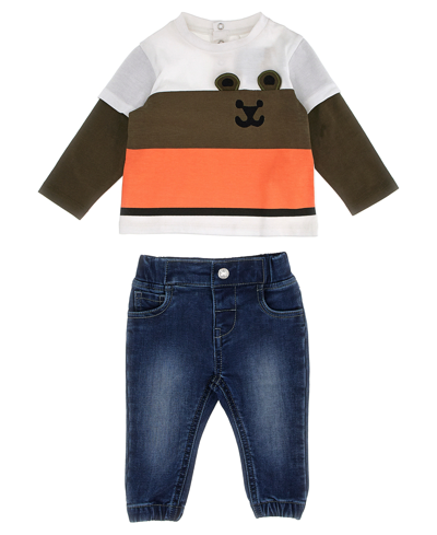 Guess Baby Boys Jersey Bear Top And Denim Joggers, 2 Piece Set In Multi