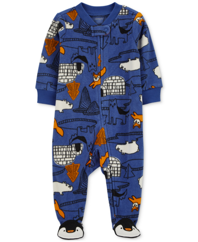 Carter's Baby Boys Animal-print Zip Fleece One-piece Sleep And Play Footed Coverall In Blue