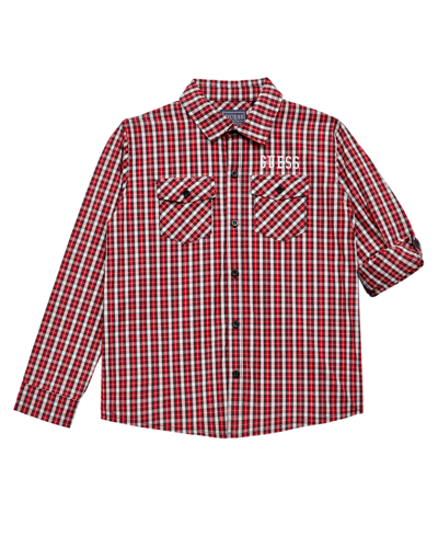 Guess Kids' Big Boys All Over Print Poplin Woven Embroidered Logo Shirt In Red