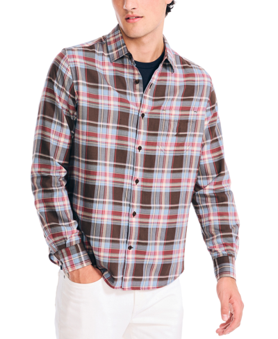 Nautica Men's Long Sleeve Button-front Twill Plaid Shirt In Coffee