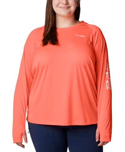 Columbia Plus Size Pfg Hoodie Tidal Tee Active Top In Coral Glow,white Logo