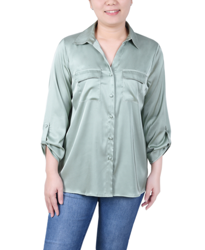 Ny Collection Women's 3/4 Sleeve Roll Tab Satin Blouse In Frosty Green
