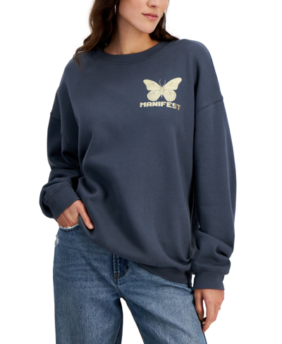 Grayson Threads, The Label Juniors' Foiled Butterfly Manifest Graphic Sweatshirt In Gray