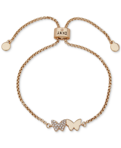 Dkny Gold-tone Crystal Pave Double Butterfly Slider Bracelet In White