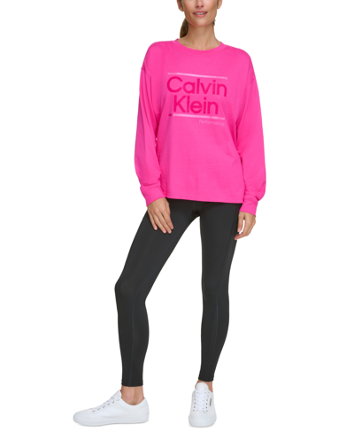 Calvin Klein Performance Women's Metallic Logo Crewneck Long-sleeve Cotton T-shirt In Electric Pink