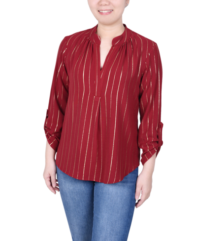 Ny Collection Petite Long Sleeve Foil Striped Blouse In Red