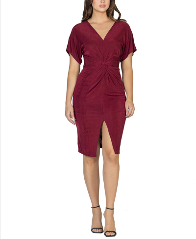 24seven Comfort Apparel Women's Short Sleeve V-neck Twist Front Dress In Wine