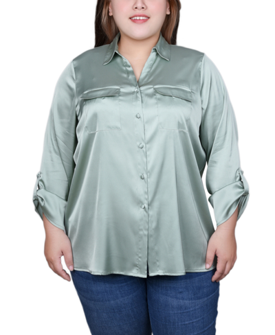 Ny Collection Plus Size 3/4 Sleeve Roll Tab Satin Blouse In Frosty Green