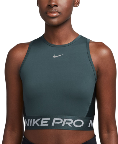 Nike Women's Pro Dri-fit Cropped Tank Top In Deep Jungle,metallic Silver