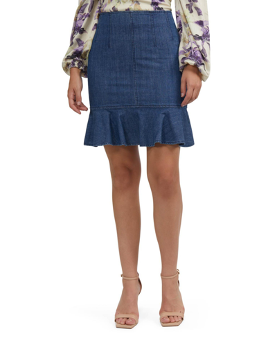 Bebe Multi Dart Denim Flared Skirt In Medium Blue Wash