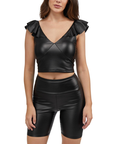 Bebe Coated Knit Ruffle Sleeve Top In Shiny Black