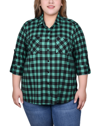 Ny Collection Plus Size Long Sleeve Button Front Tunic Top In Green Black Plaid