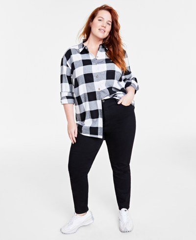 On 34th Plus Size Cotton Flannel Plaid Tunic Shirt, Created For Macy's In White Black Combo