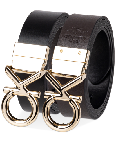 Calvin Klein Women's Reversible Puffed Ck Monogram Buckle Belt In Black,brown