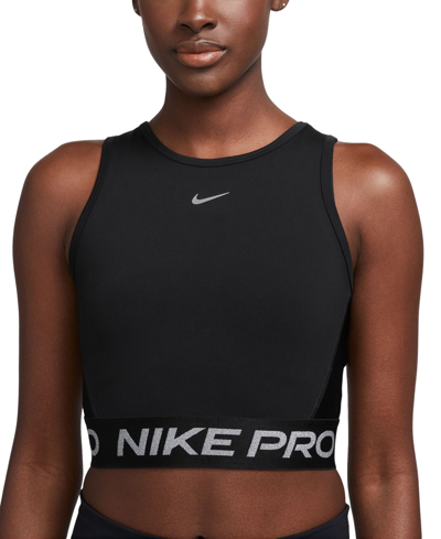 Nike Women's Pro Dri-fit Cropped Tank Top In Black,metallic Silver