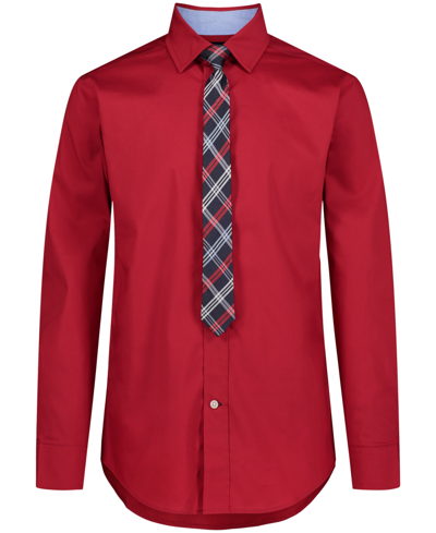 Tommy Hilfiger Kids' Big Boys Long Sleeve Stretch Solid Poplin Shirt And Tie In Dark Red
