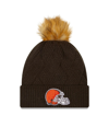 New Era Brown Cleveland Browns Snowy Cuffed Knit Hat With Pom In Brown